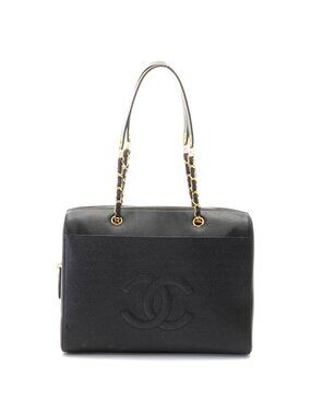 Chanel CC Logo Chain Shoulder Boston Bag Black Caviar Leather